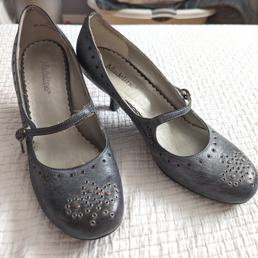 Blue Leather Mary Jane Kitten Heels with Grommet Details "Denim Jean" Look